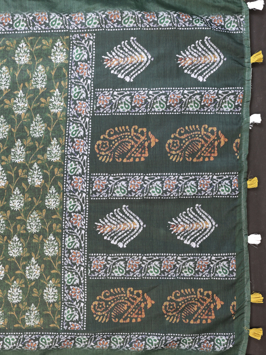 Elegant Deep Olive Green Chanderi Saree with Digital Floral Print | Soft Pastel Multicolor Accents  | Lightweight Designer Saree with Matching Blouse Piece โ 5.5 Meters